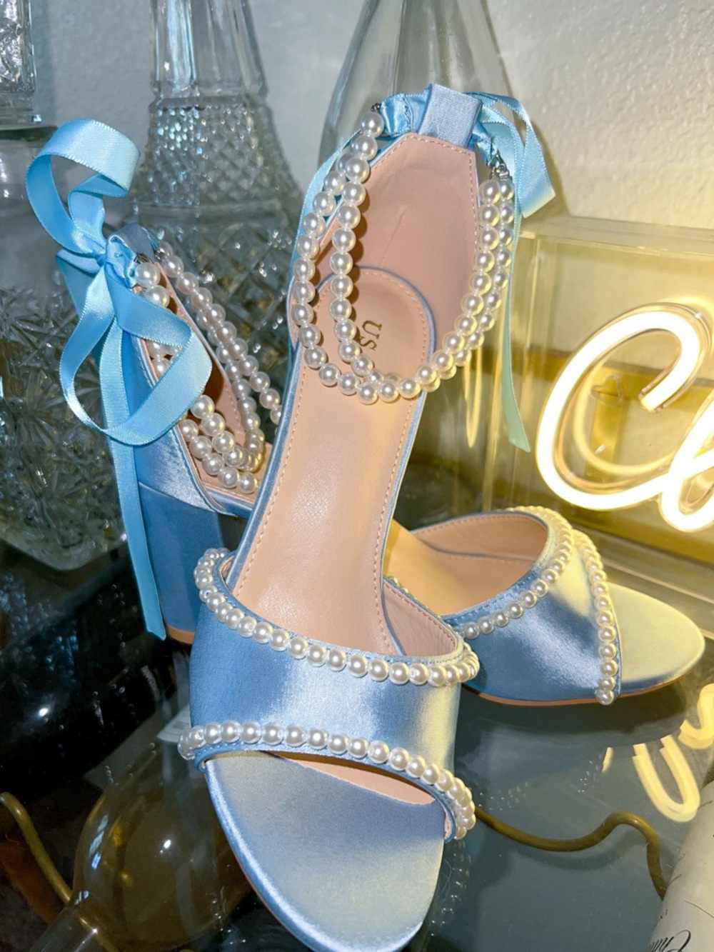 BNWT BLISSFUL step blue satin heels